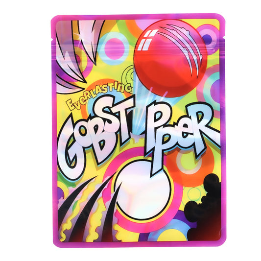 Large mylar bags, Cannabis Mylar Bags, Mylar Bags 28 grams, Where to buy mylar bags, Custom mylar bags near me.  Colorful packaging of Everlasting Gobstoppers with a red and white candy on a white background