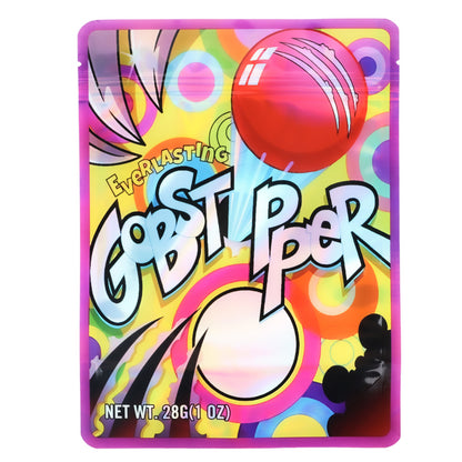 Large mylar bags, Cannabis Mylar Bags, Mylar Bags 28 grams, Where to buy mylar bags, Custom mylar bags near me.  Colorful packaging of Everlasting Gobstoppers with a red ball and abstract design.