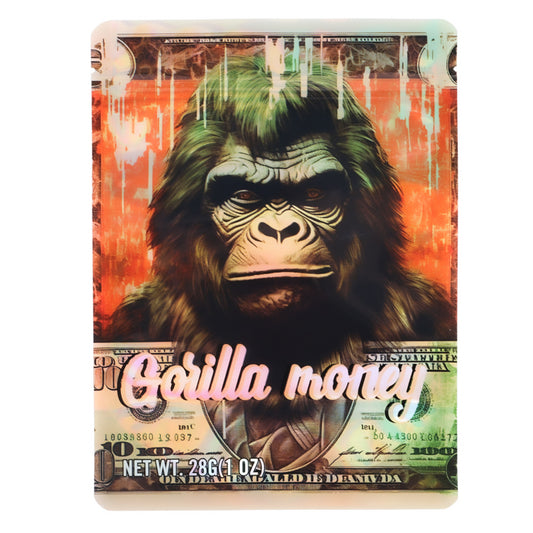 Large mylar bags, Cannabis Mylar Bags, Mylar Bags 28 grams, Where to buy mylar bags, Custom mylar bags near me.  Tin container with a gorilla design and 'Gorilla money' text on a colorful background