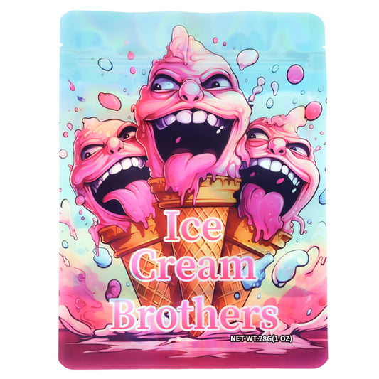 Large mylar bags, Cannabis Mylar Bags, Mylar Bags 28 grams, Where to buy mylar bags, Custom mylar bags near me.  Cartoon ice cream cone with three faces on a colorful background, labeled 'Ice Cream Brothers'.