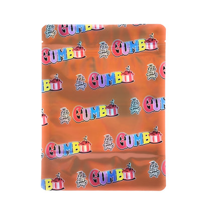 Mylar Bag Frisbee with 'Gumball' branding on an orange background