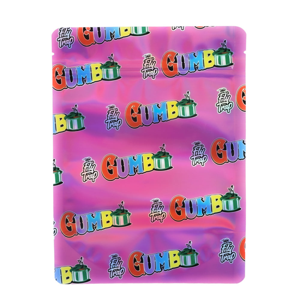Large mylar bags, Cannabis Mylar Bags, Mylar Bags 28 grams, Where to buy mylar bags, Custom mylar bags near me.  Colorful 'Gumbo' logo pattern on a pink background