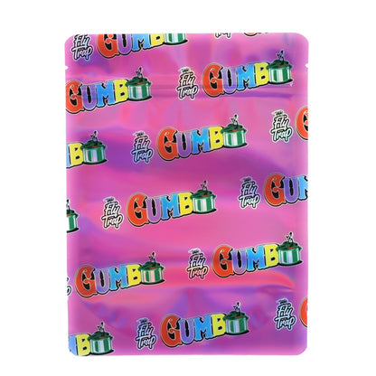 Large mylar bags, Cannabis Mylar Bags, Mylar Bags 28 grams, Where to buy mylar bags, Custom mylar bags near me.  Colorful 'Gumbo' logo pattern on a pink background