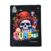 Mylar Bag Gummy candy package with a skull design and colorful text on a black background