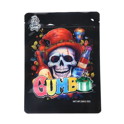 Mylar Bag Gummy candy package with a skull design and colorful text on a black background