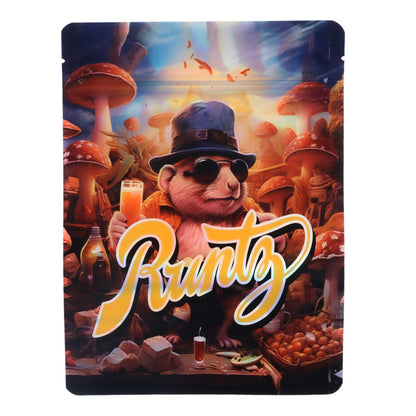 Large mylar bags, Cannabis Mylar Bags, Mylar Bags 28 grams. Product packaging with a cartoon character and 'Runtz' branding in a colorful setting.