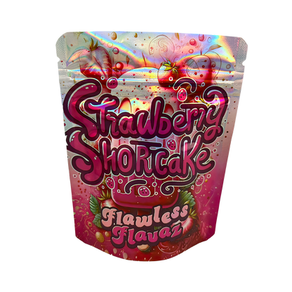 3.5G Mylar Bags, herb Mylar Bags, Where to buy mylar bags, Custom mylar bags near me, Mylar Bags Wholesale. Colorful packaging of Strawberry Shortcake with vibrant pink and multicolor design on a white background