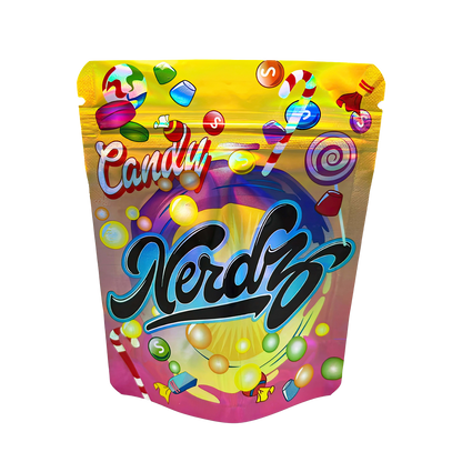 3.5G Mylar Bags, herb Mylar Bags, Where to buy mylar bags, Custom mylar bags near me, Mylar Bags Wholesale. Colorful packaging of Nerdz candy with a variety of candy icons on a white background