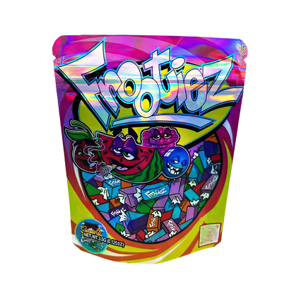 3.5G Mylar Bags, herb Mylar Bags, Where to buy mylar bags, Custom mylar bags near me, Mylar Bags Wholesale. Colorful packaging of Frootie Z candy with cartoon characters on a white background