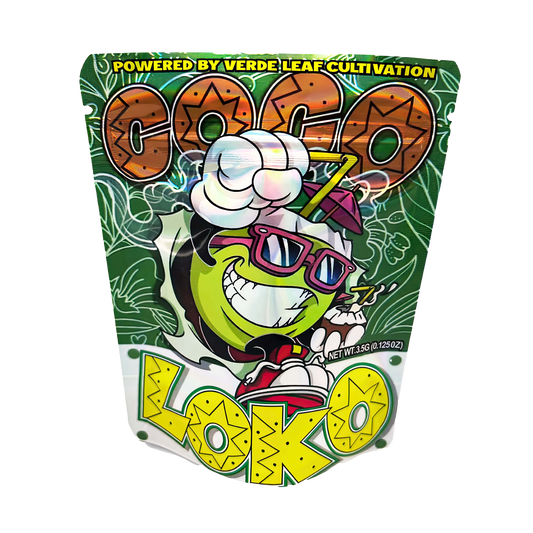 3.5G Mylar Bags, Cannabis Mylar Bags, Where to buy mylar bags, Custom mylar bags near me, Mylar Bags Wholesale. Colorful packaging with cartoon character and text 'Coco Loko' on a white background