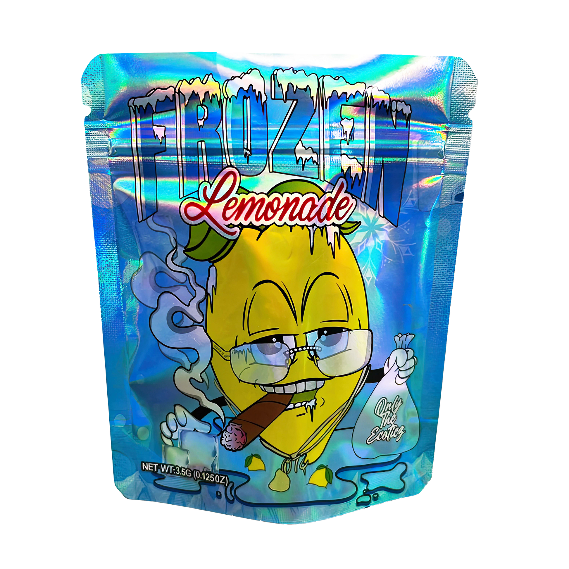 3.5G Mylar Bags, Cannabis Mylar Bags, Where to buy mylar bags, Custom mylar bags near me, Mylar Bags Wholesale. Fruity Lemonade packaging with a cartoon lemon character on a white background