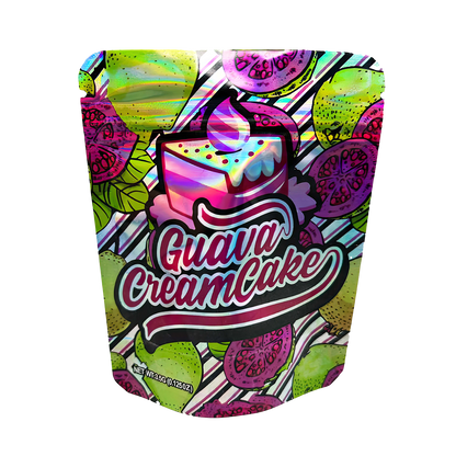 3.5G Mylar Bags, herb Mylar Bags, Where to buy mylar bags, Custom mylar bags near me, Mylar Bags Wholesale. Colorful packaging of Guava Cream Cake with a cake illustration on a white background
