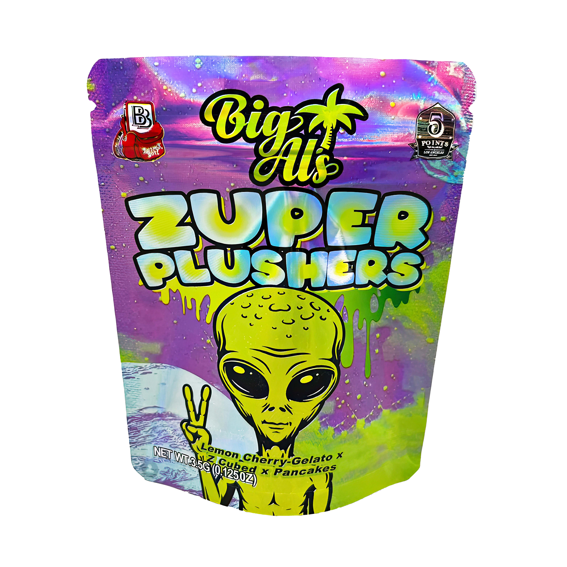 3.5G Mylar Bags, Cannabis Mylar Bags, Where to buy mylar bags, Custom mylar bags near me, Mylar Bags Wholesale. Big Al's Zuper Plushers packaging with alien graphic and colorful design
