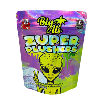 3.5G Mylar Bags, herb Mylar Bags, Where to buy mylar bags, Custom mylar bags near me, Mylar Bags Wholesale. Big Al's Zuper Plushers packaging with alien graphic and colorful design