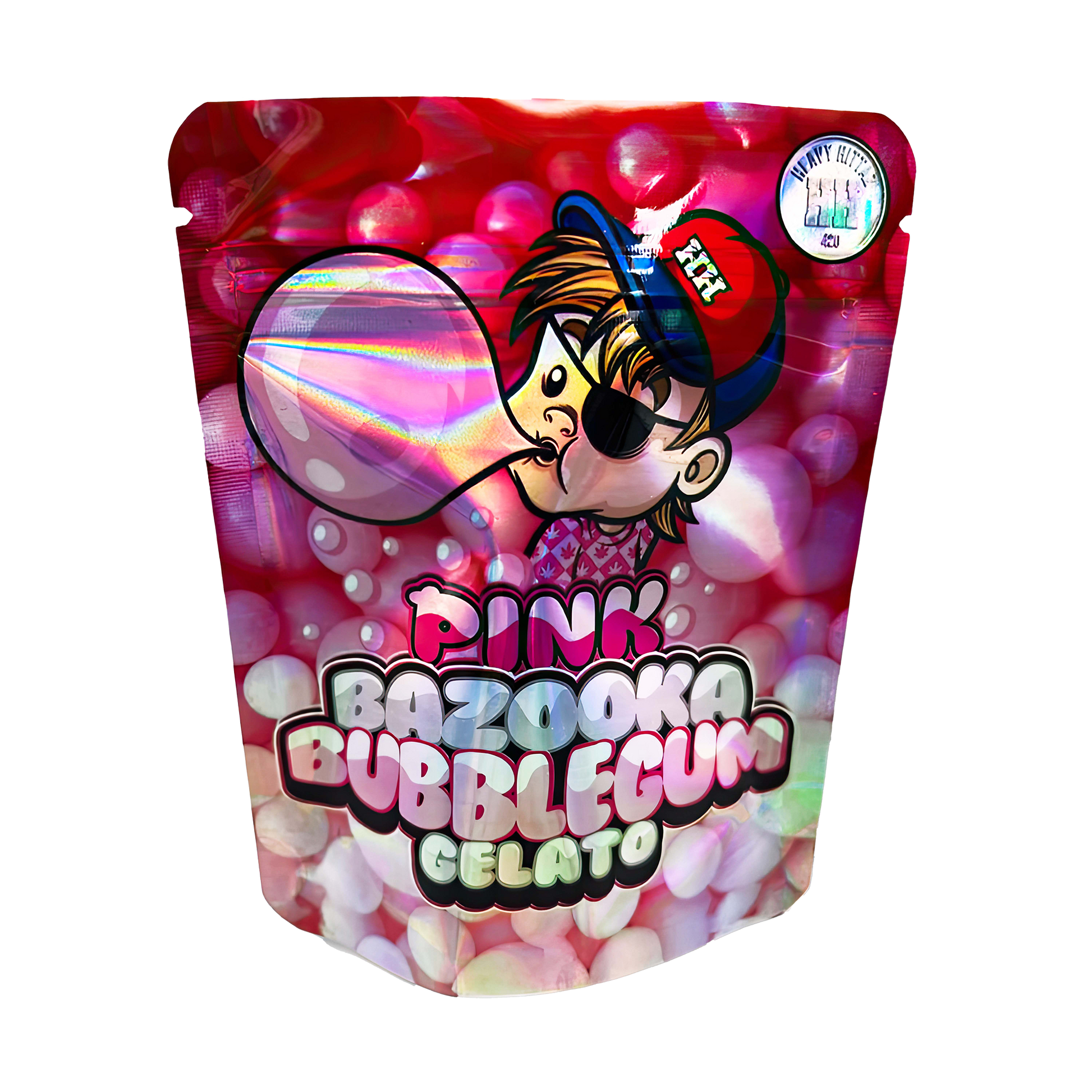 3.5G Mylar Bags, Cannabis Mylar Bags, Where to buy mylar bags, Custom mylar bags near me, Mylar Bags Wholesale. Pink Bazoona Bubblegum Gelato packaging with cartoon character on a white background