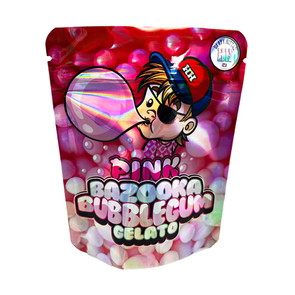 3.5G Mylar Bags, herb Mylar Bags, Where to buy mylar bags, Custom mylar bags near me, Mylar Bags Wholesale. Pink Bazoona Bubblegum Gelato packaging with cartoon character on a white background