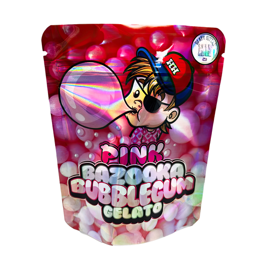 3.5G Mylar Bags, Cannabis Mylar Bags, Where to buy mylar bags, Custom mylar bags near me, Mylar Bags Wholesale. Pink Bazoona Bubblegum Gelato packaging with cartoon character on a white background