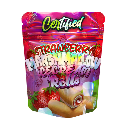 3.5G Mylar Bags, herb Mylar Bags, Where to buy mylar bags, Custom mylar bags near me, Mylar Bags Wholesale. Packaging of strawberry marshmallow ice cream rolls with colorful design and 'Certified' branding.