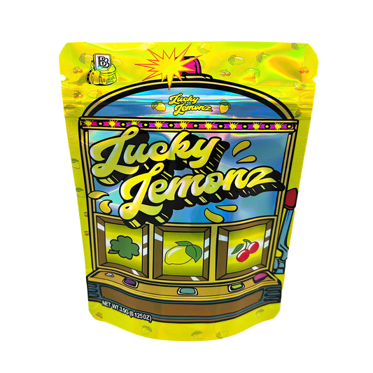 3.5G Mylar Bags, Cannabis Mylar Bags, Where to buy mylar bags, Custom mylar bags near me, Mylar Bags Wholesale. Packaged product with 'Lucky Lemon' branding on a white background