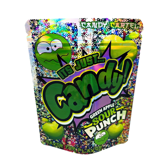 3.5G Mylar Bags, Cannabis Mylar Bags, Where to buy mylar bags, Custom mylar bags near me, Mylar Bags Wholesale. Colorful candy bag with 'It's Just Candy!' branding and green apple sour punch flavor text.