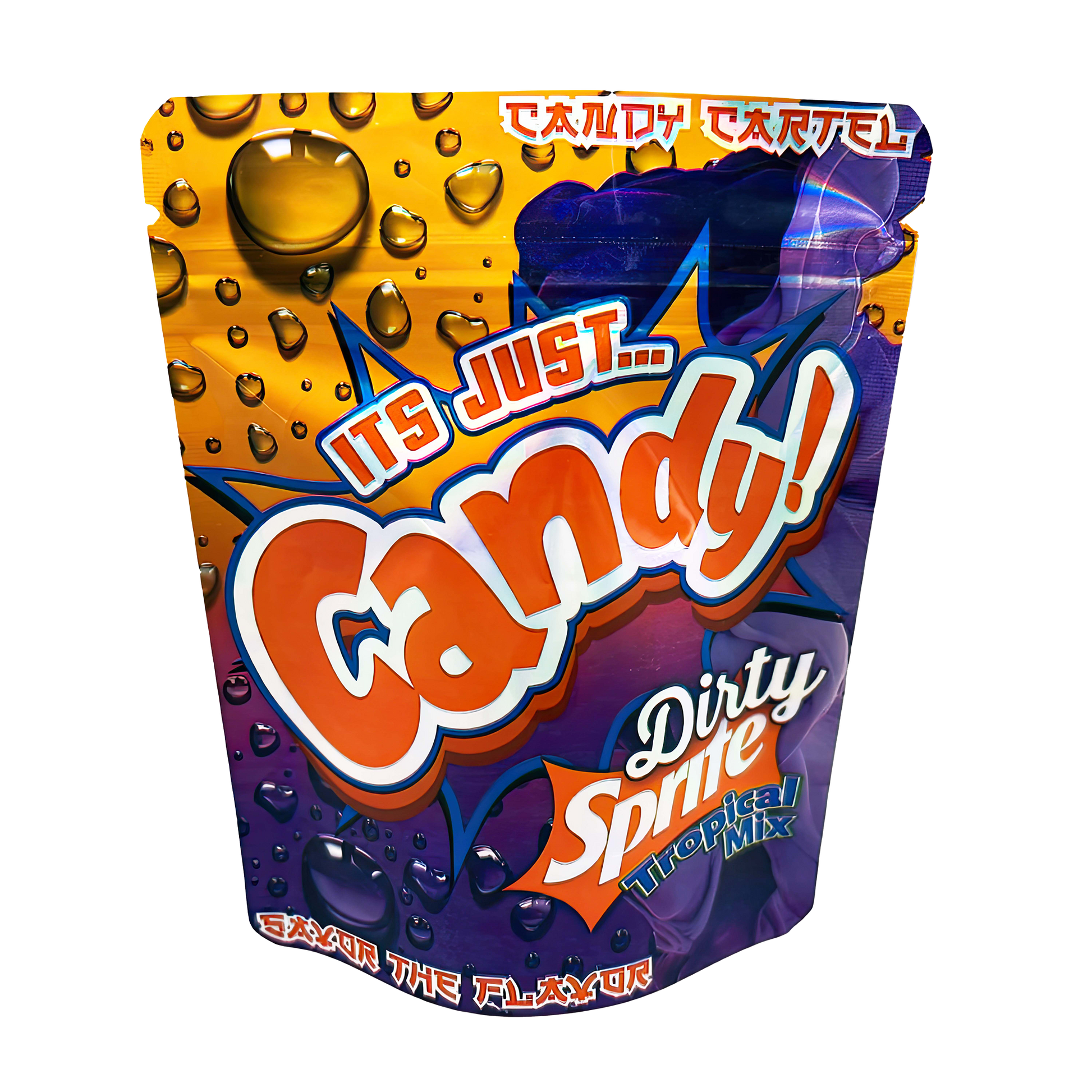 3.5G Mylar Bags, Cannabis Mylar Bags, Where to buy mylar bags, Custom mylar bags near me, Mylar Bags Wholesale. Candy Cartel Dirty Sprite Tropical Mix packaging with orange and purple design.