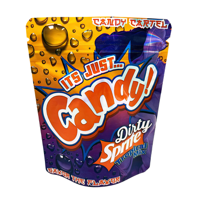 3.5G Mylar Bags, herb Mylar Bags, Where to buy mylar bags, Custom mylar bags near me, Mylar Bags Wholesale. Candy Cartel Dirty Sprite Tropical Mix packaging with orange and purple design.
