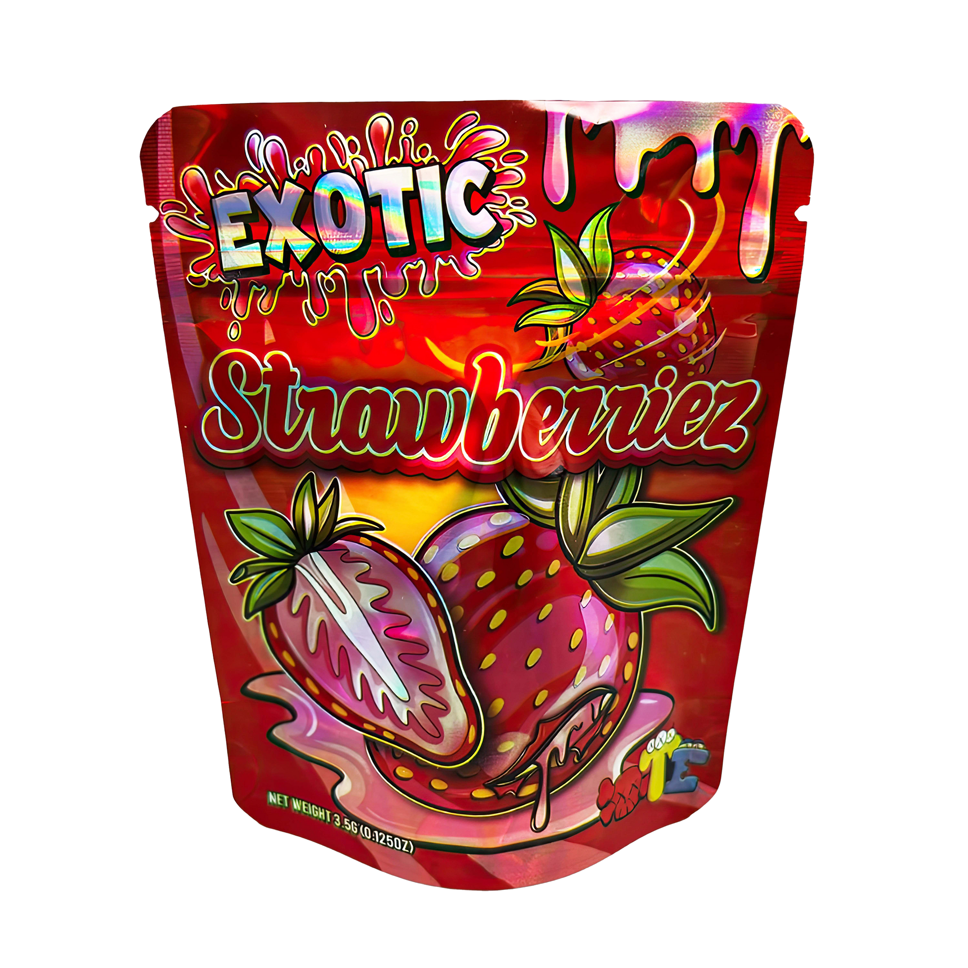 3.5G Mylar Bags, Cannabis Mylar Bags, Where to buy mylar bags, Custom mylar bags near me, Mylar Bags Wholesale. Exotic Strawberiezs packaging with colorful design on a white background