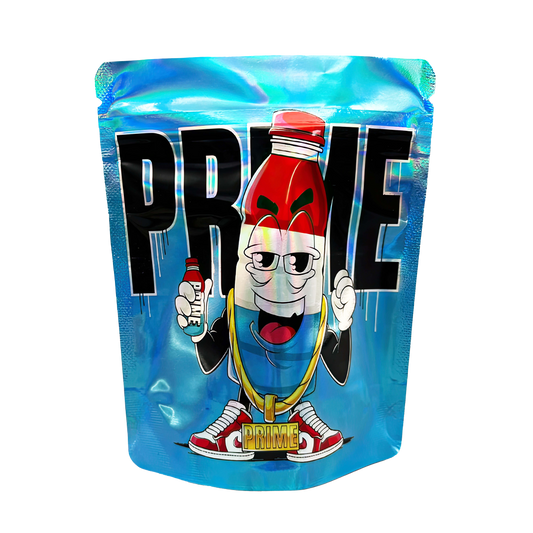 3.5G Mylar Bags, Cannabis Mylar Bags, Where to buy mylar bags, Custom mylar bags near me, Mylar Bags Wholesale. Animated character on a blue packaging with 'PRIME' branding