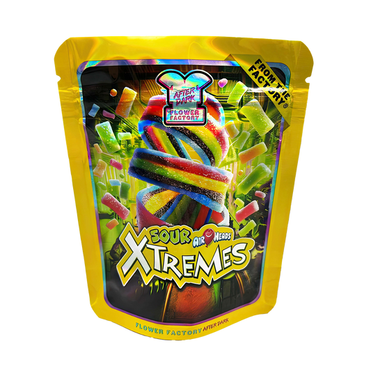 3.5G Mylar Bags, Cannabis Mylar Bags, Where to buy mylar bags, Custom mylar bags near me, Mylar Bags Wholesale. Packaged candy with colorful gummy worms on a yellow background, featuring 'Flower Factory' branding.