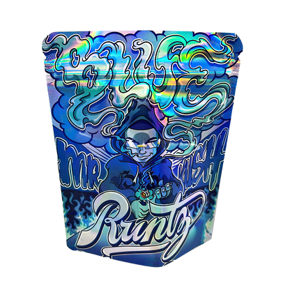 3.5G Mylar Bags, herb Mylar Bags, Where to buy mylar bags, Custom mylar bags near me, Mylar Bags Wholesale. Colorful packaging with a character and 'Mr. Runtz' branding on a white background