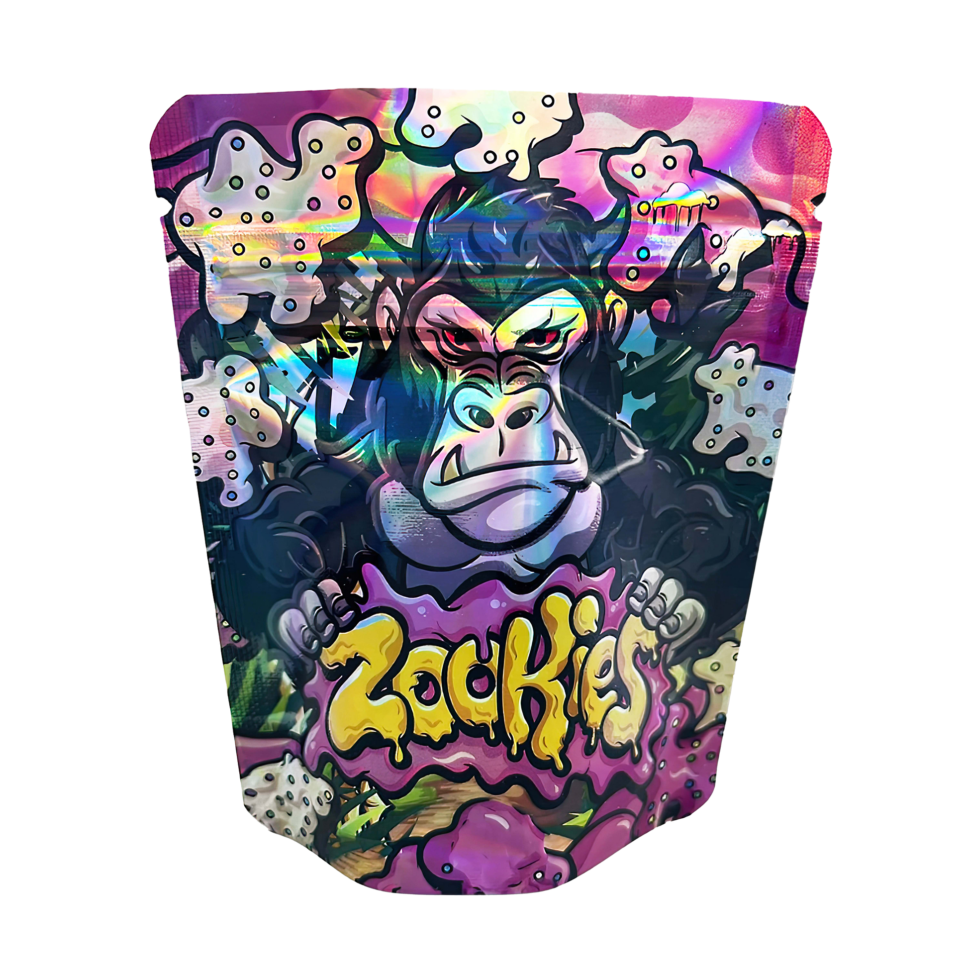 3.5G Mylar Bags, Cannabis Mylar Bags, Where to buy mylar bags, Custom mylar bags near me, Mylar Bags Wholesale. Colorful packaging with a cartoon gorilla and 'Zackies' branding on a white background