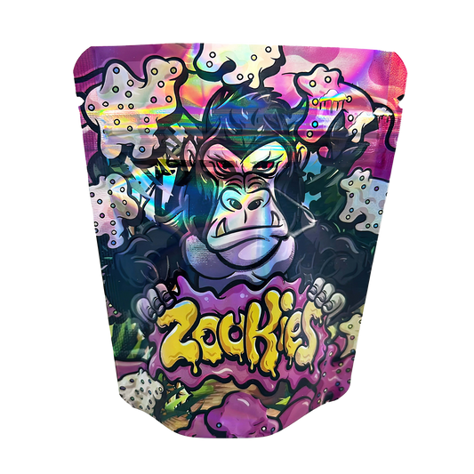 3.5G Mylar Bags, Cannabis Mylar Bags, Where to buy mylar bags, Custom mylar bags near me, Mylar Bags Wholesale. Colorful packaging with a cartoon gorilla and 'Zackies' branding on a white background