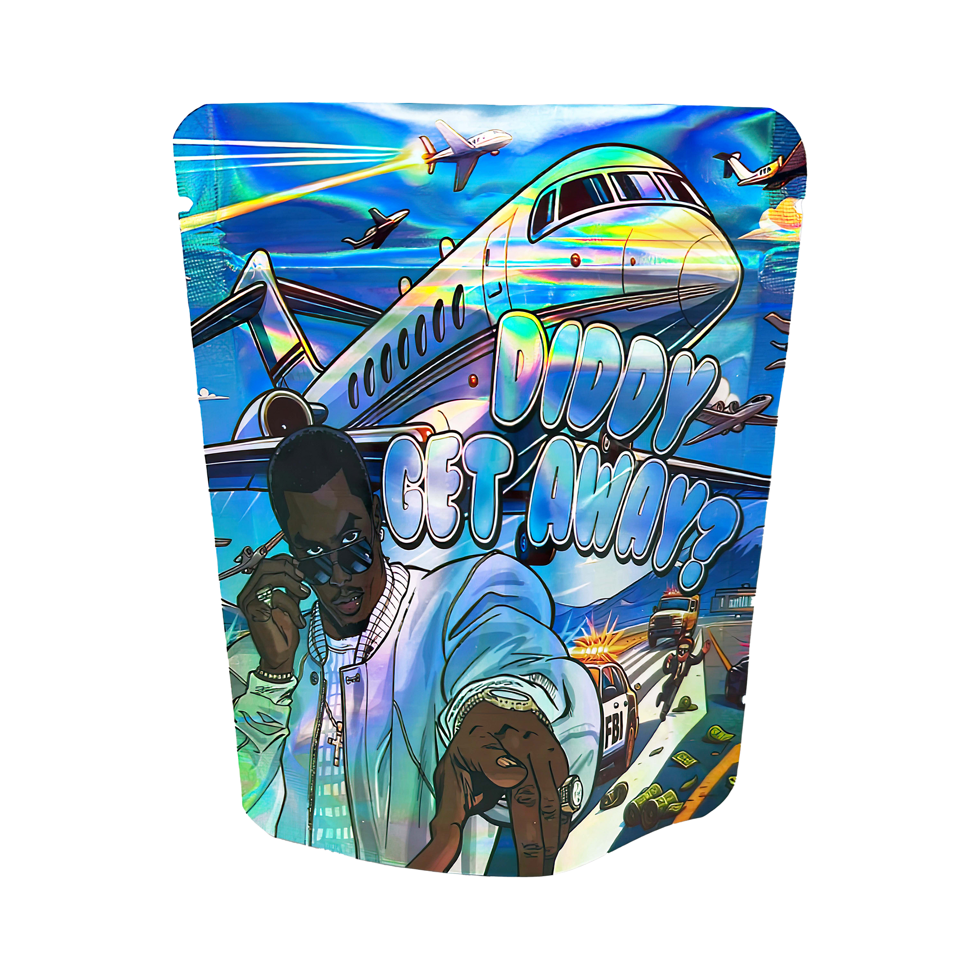 3.5G Mylar Bags, Cannabis Mylar Bags, Where to buy mylar bags, Custom mylar bags near me, Mylar Bags Wholesale. Colorful product packaging with airplane and people design, featuring text 'Diddy Get Away?'.