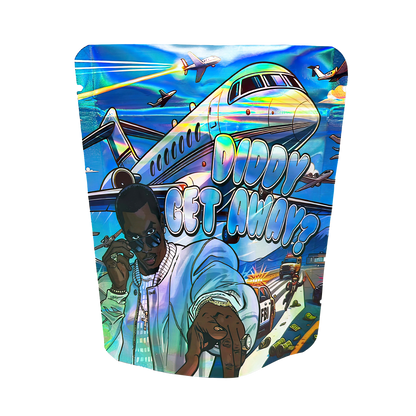 3.5G Mylar Bags, herb Mylar Bags, Where to buy mylar bags, Custom mylar bags near me, Mylar Bags Wholesale. Colorful product packaging with airplane and people design, featuring text 'Diddy Get Away?'.