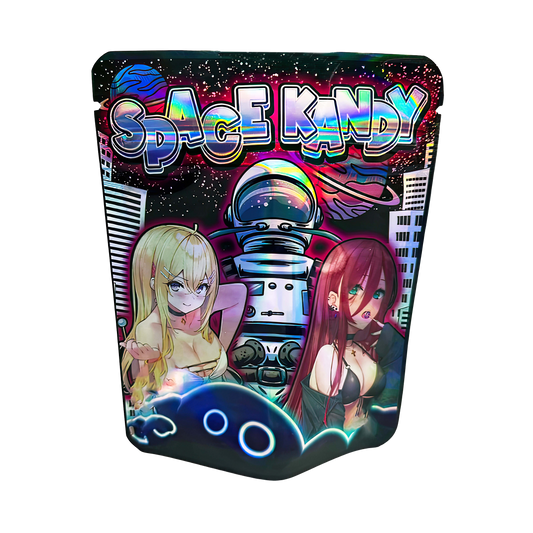 3.5G Mylar Bags, Cannabis Mylar Bags, Where to buy mylar bags, Custom mylar bags near me, Mylar Bags Wholesale. Product packaging for 'Space Kandy' with cartoon characters and space-themed design.