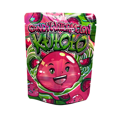 3.5G Mylar Bags, herb Mylar Bags, Where to buy mylar bags, Custom mylar bags near me, Mylar Bags Wholesale. Kaholo candy watermelon flavor packaging on a white background