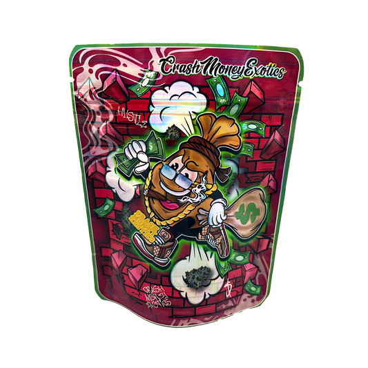 3.5G Mylar Bags, Cannabis Mylar Bags, Where to buy mylar bags, Custom mylar bags near me, Mylar Bags Wholesale. Colorful packaging with cartoon character and text 'Crush Money Exotics' on a white background