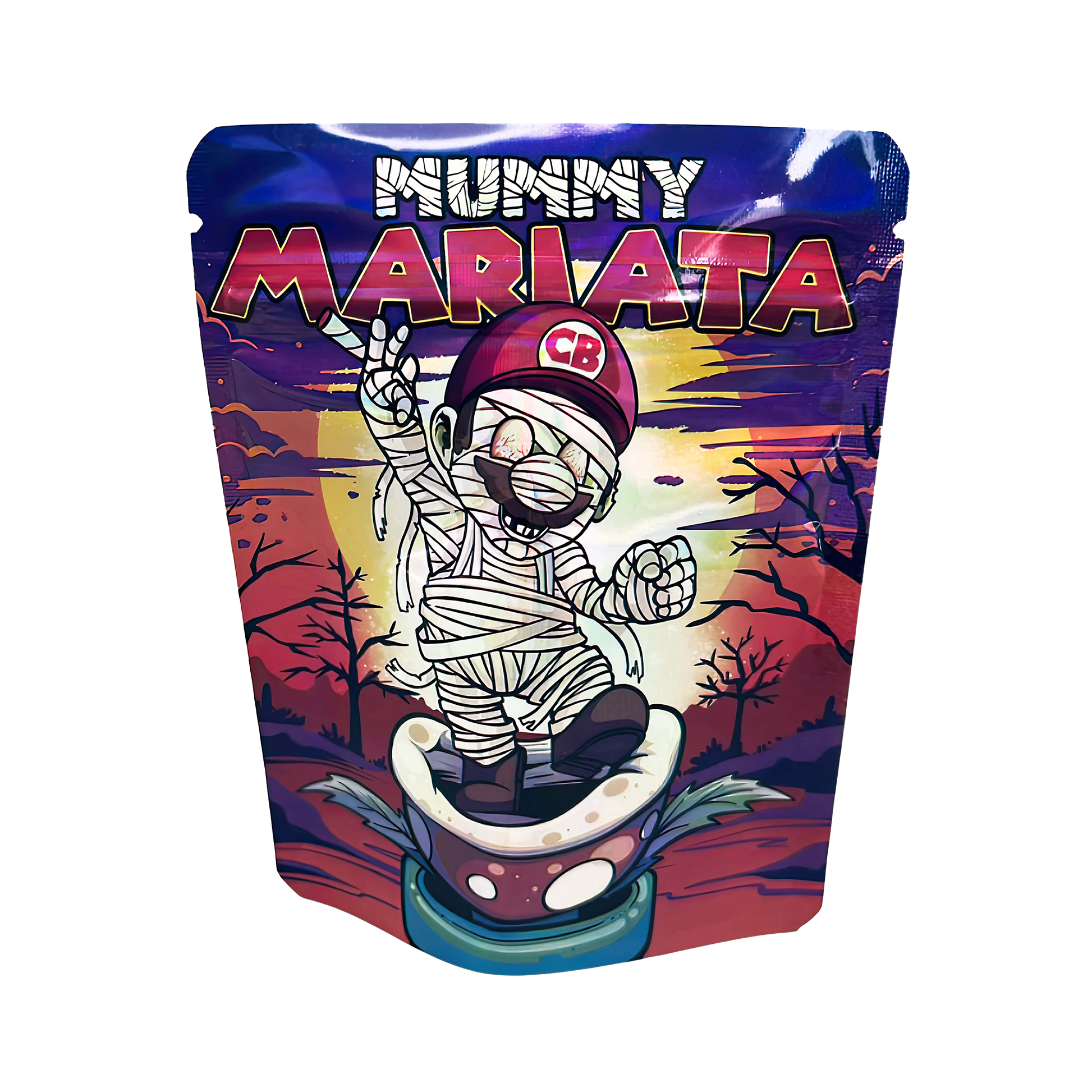 3.5G Mylar Bags, Cannabis Mylar Bags, Where to buy mylar bags, Custom mylar bags near me, Mylar Bags Wholesale. Colorful packaging with a mummy character and 'Mummy Mariata' text on a white background