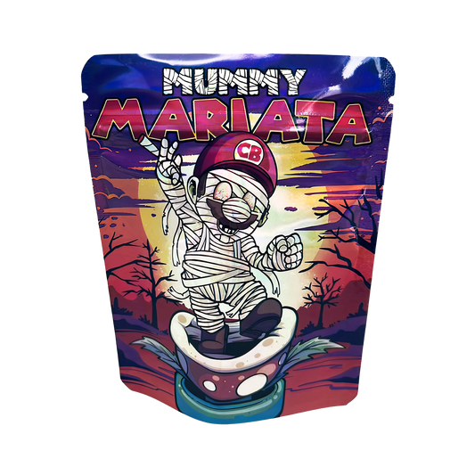 3.5G Mylar Bags, Cannabis Mylar Bags, Where to buy mylar bags, Custom mylar bags near me, Mylar Bags Wholesale. Colorful packaging with a mummy character and 'Mummy Mariata' text on a white background