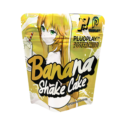 3.5G Mylar Bags, herb Mylar Bags, Where to buy mylar bags, Custom mylar bags near me, Mylar Bags Wholesale. Packaging of Banana Shake Cake with anime character and 'Plugplay' branding