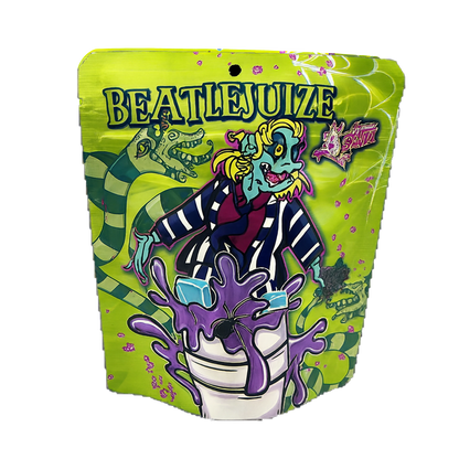 Mylar Bags Colorful packaging of BEATLEJUICE with cartoon character and green background