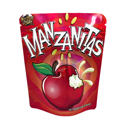 3.5G Mylar Bags, herb Mylar Bags, Where to buy mylar bags, Custom mylar bags near me, Mylar Bags Wholesale. Red packaging of 'Manzanas' with an apple illustration on a white background