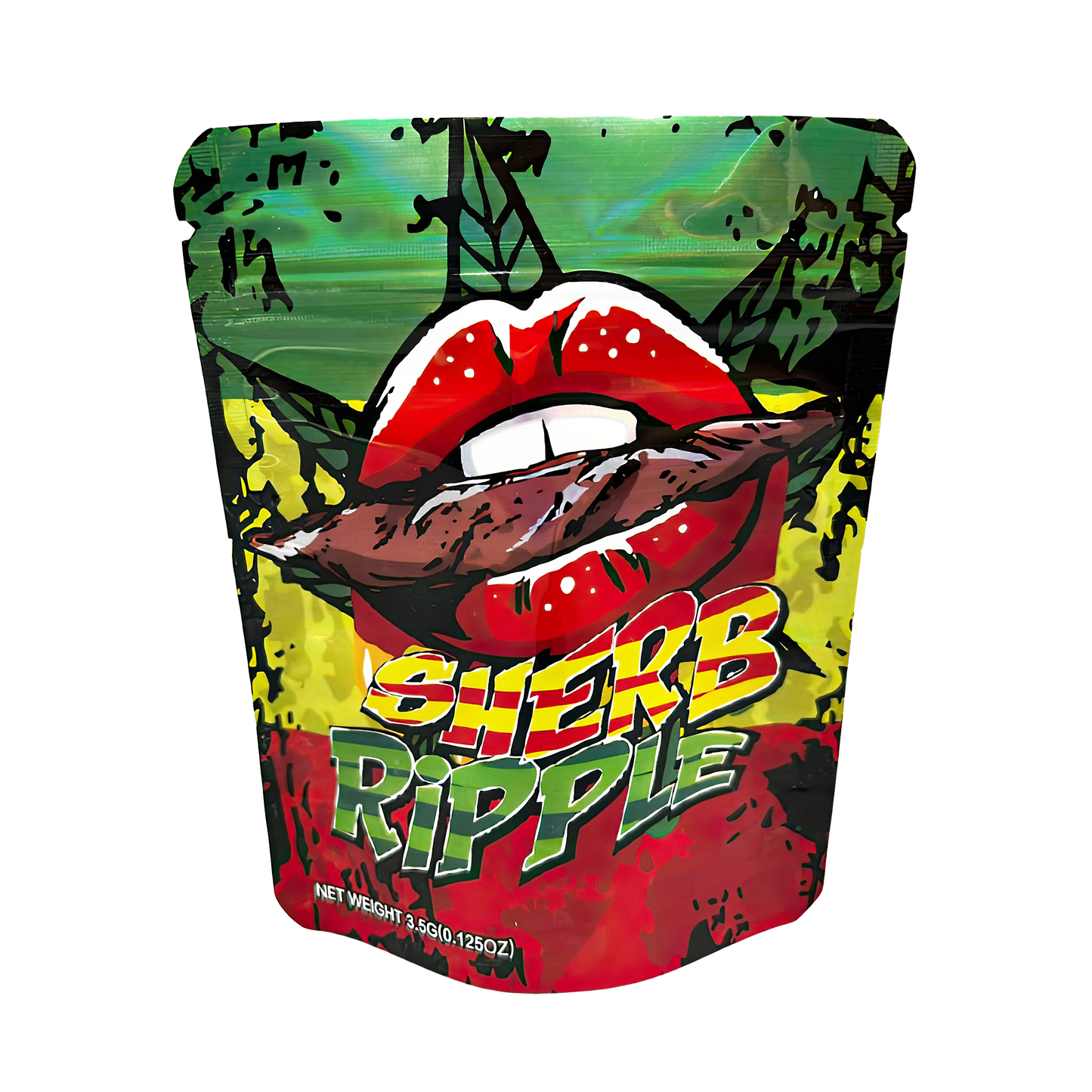 3.5G Mylar Bags, Cannabis Mylar Bags, Where to buy mylar bags, Custom mylar bags near me, Mylar Bags Wholesale. Colorful packaging with a mouth graphic and 'Sherb Ripple' text on a white background