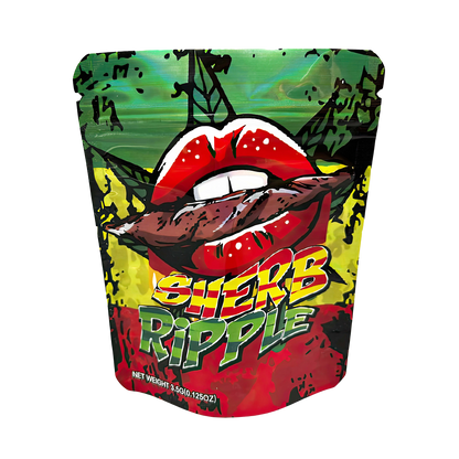 3.5G Mylar Bags, herb Mylar Bags, Where to buy mylar bags, Custom mylar bags near me, Mylar Bags Wholesale. Colorful packaging with a mouth graphic and 'Sherb Ripple' text on a white background