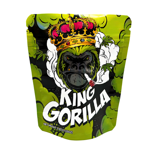 3.5G Mylar Bags, Cannabis Mylar Bags, Where to buy mylar bags, Custom mylar bags near me, Mylar Bags Wholesale. King Gorilla packaging with a gorilla wearing a crown on a green background