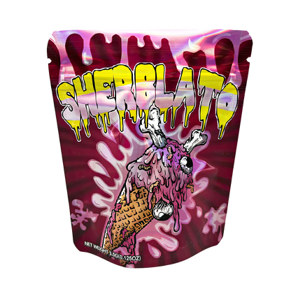 3.5G Mylar Bags, herb Mylar Bags, Where to buy mylar bags, Custom mylar bags near me, Mylar Bags Wholesale. Colorful packaging with 'Sherlato' branding and ice cream cone illustration on a white background