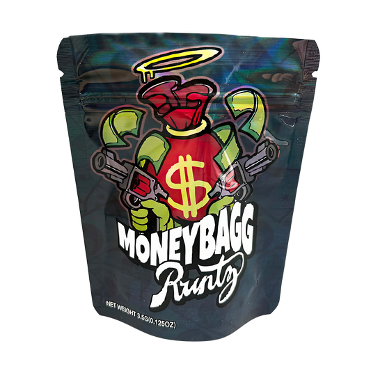 3.5G Mylar Bags, Cannabis Mylar Bags, Where to buy mylar bags, Custom mylar bags near me, Mylar Bags Wholesale. Drug packaging with colorful design and 'MoneyBagg Runtz' branding on a white background