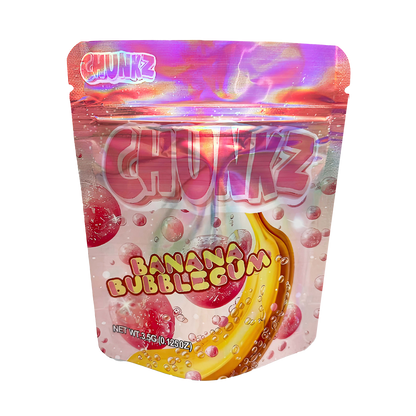 3.5G Mylar Bags, herb Mylar Bags, Where to buy mylar bags, Custom mylar bags near me, Mylar Bags Wholesale. Packaged candy labeled 'Chunkz Banana Bubblegum' on a white background