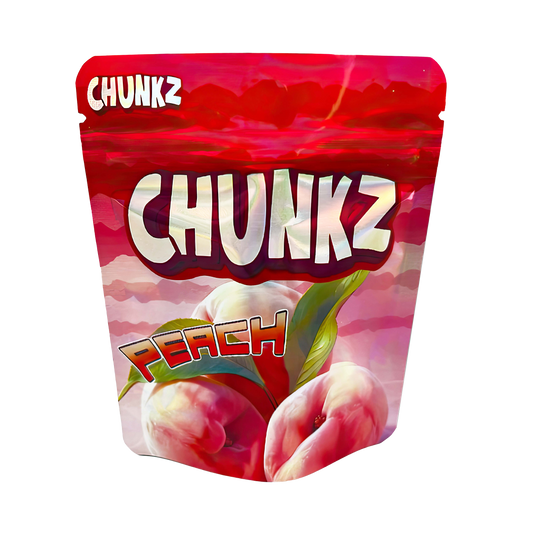 3.5G Mylar Bags, Cannabis Mylar Bags, Where to buy mylar bags, Custom mylar bags near me, Mylar Bags Wholesale. Packaged snack with 'Chunkz' branding and peach flavor on a white background
