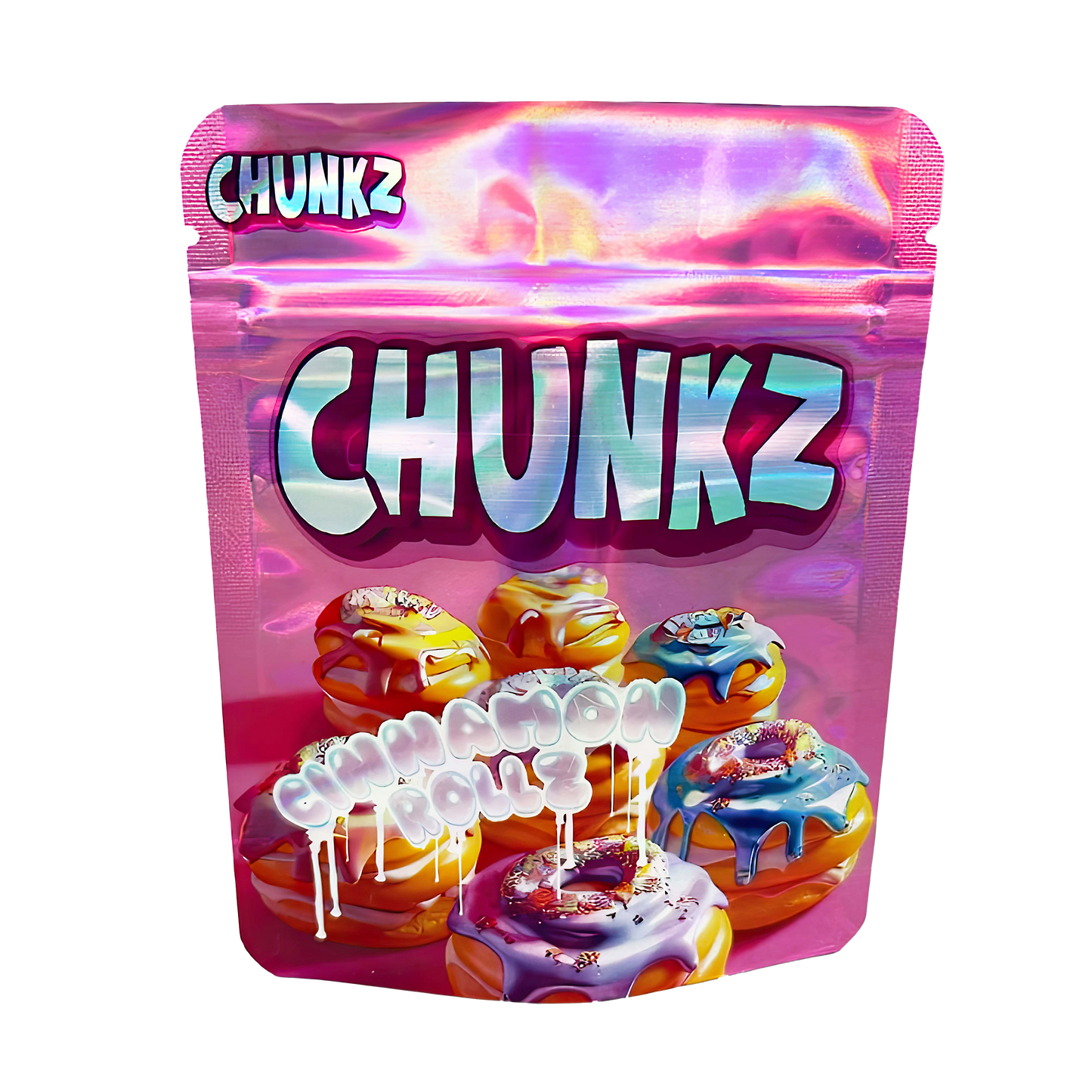 3.5G Mylar Bags, Cannabis Mylar Bags, Where to buy mylar bags, Custom mylar bags near me, Mylar Bags Wholesale. Packaging of Chunkz candy with colorful donut-shaped candies on a white background